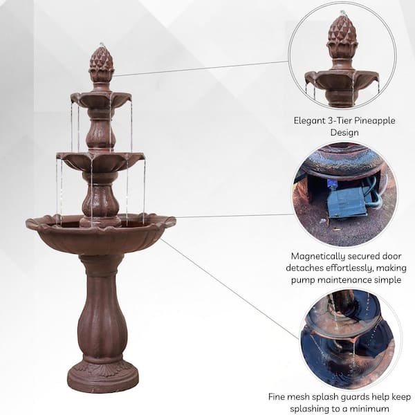 52 in. Tall 3-Tier Freestanding Waterfall Fountain, Outdoor Garden, Yard, Lawn, Porch Decor, Brown