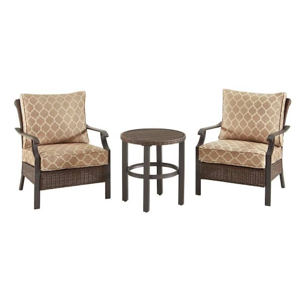 Hampton Bay Harper Creek 3-Piece Brown Steel Outdoor Patio Chair Set with CushionGuard Toffee Trellis Tan Cushions