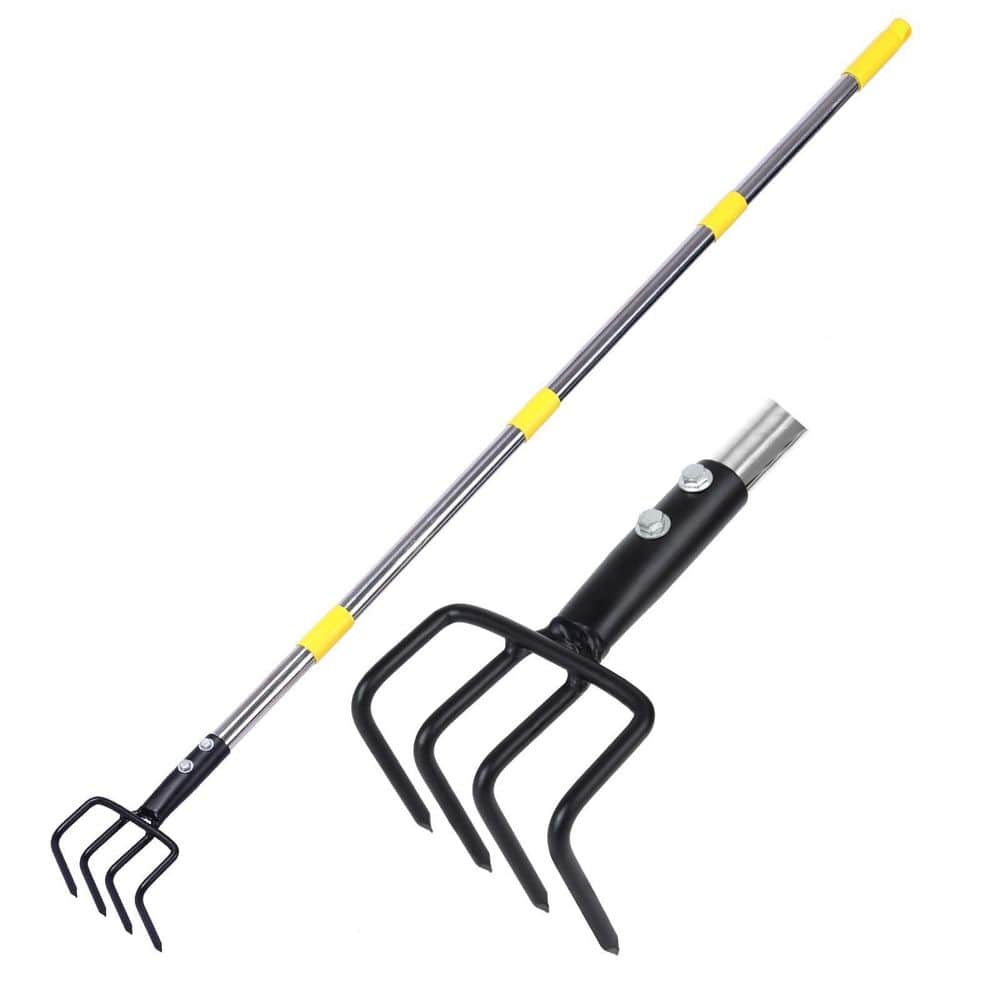 MISOPILY Adjustable Long Handle 4-Tine Steel Hand Cultivator Rust