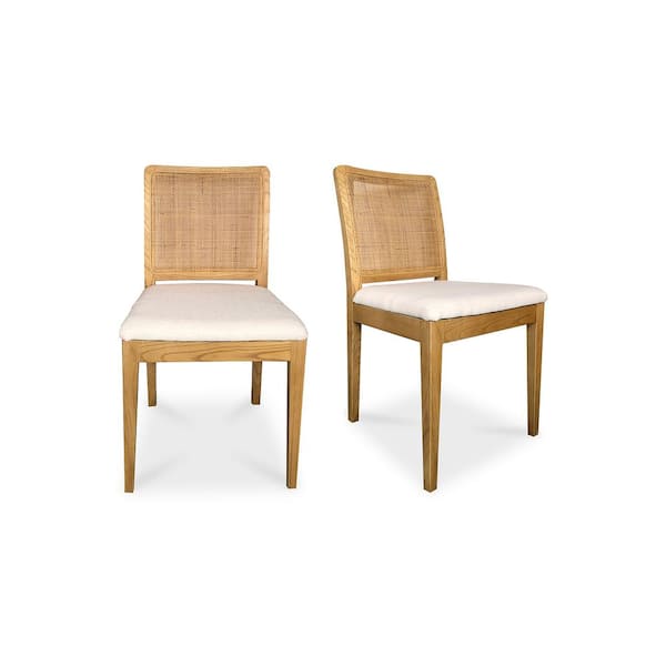 NADAAL STUDIOS Yvette- 100% Cotton Upholstery with Solid Elm Wood and Rattan Back Dining Chair, Natural- Set of Two