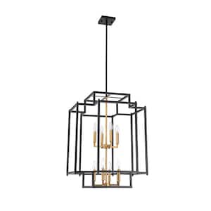 Cubuu 8-Light Modern Farmhouse Black and Aged Brass Cage Lantern, Candle Lantern, Rectangle, Square Chandelier