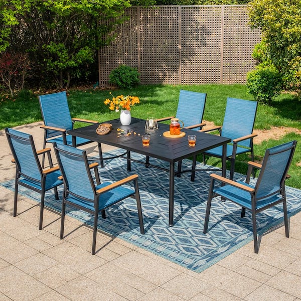 PHI VILLA Black 7-Piece Metal Outdoor Patio Dining Set with Straight ...