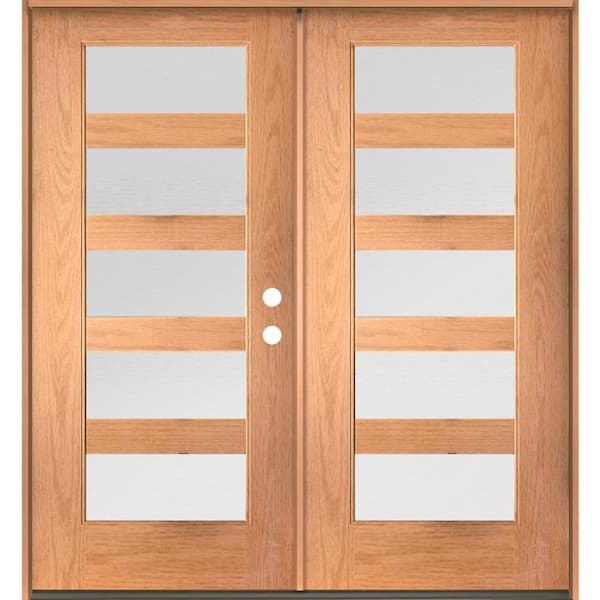 ASCEND Modern 72 in. x 80 in. 5-Lite Left-Active/Inswing Satin Glass Teak Stain Double Fiberglass Prehung Front Door