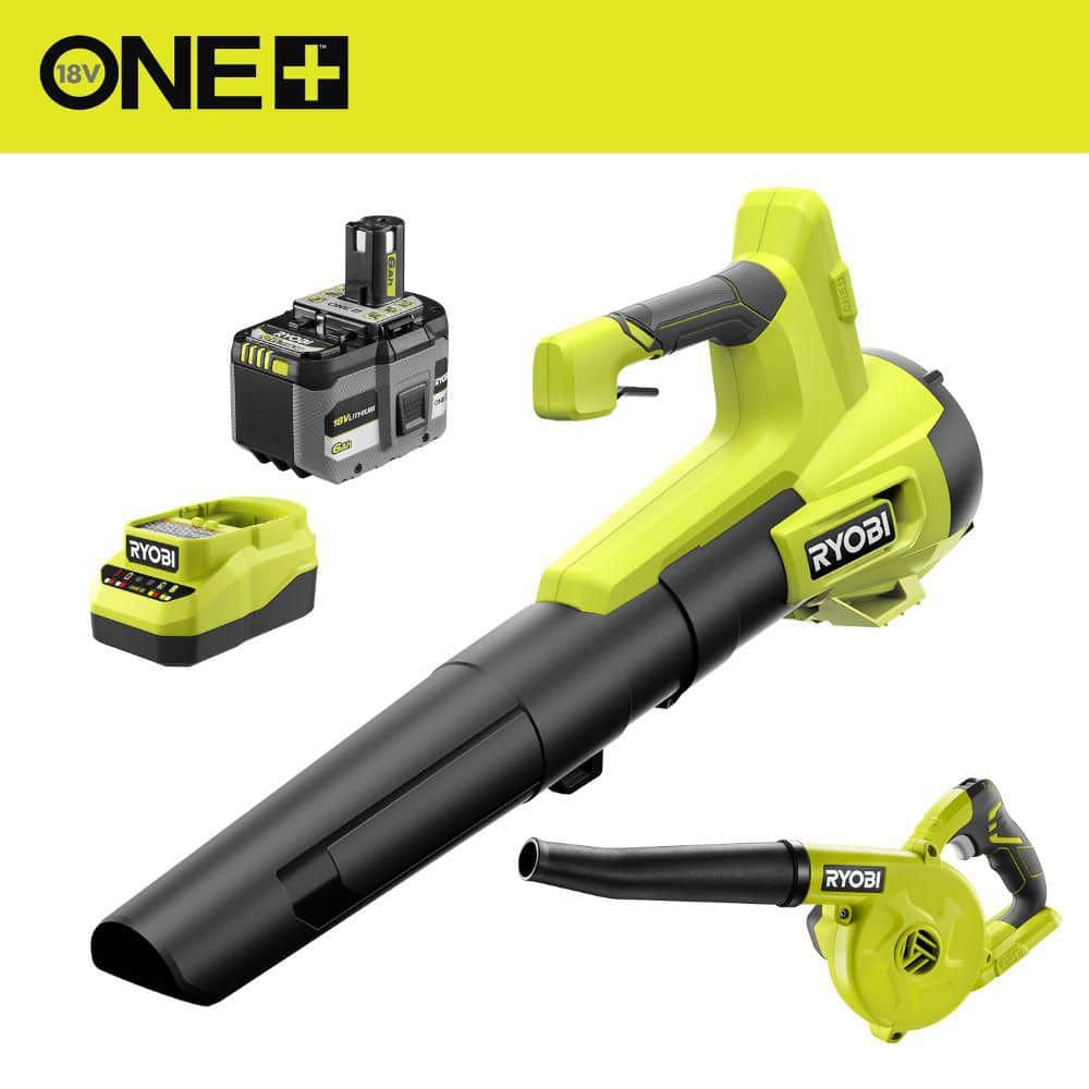 RYOBI ONE+ 18V 100 MPH 350 CFM Cordless Battery Leaf Blower with 6.0 Ah Battery, Charger, and FREE ONE+ Compact Blower