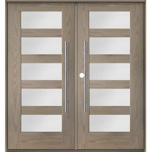 Krosswood Doors Faux Pivot 72 in. x 80 in. Right-Active/Inswing 5Lite Satin Glass Oil Leather Stain Double Fiberglass Prehung Front Door