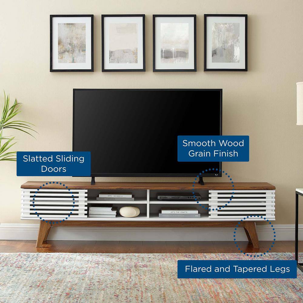 Walnut and White Mid-Century Modern 70" TV Stand with Sliding Doors
