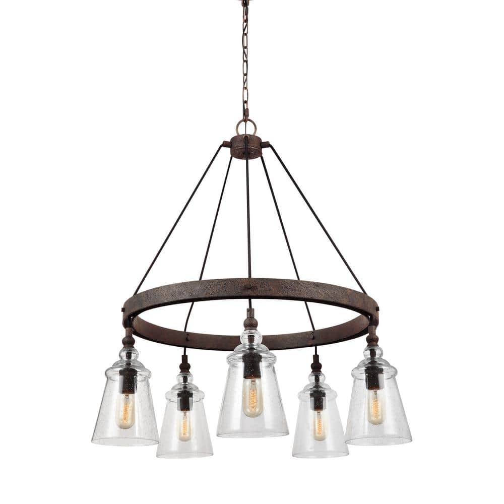 Transitional 5-Light Dark Weathered Iron Chandelier with Clear Seeded Glass