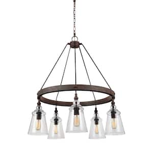 Loras 5-Light Dark Weathered Iron Industrial Transitional Wagon Wheel Hanging Chandelier with Clear Seeded Glass Shades