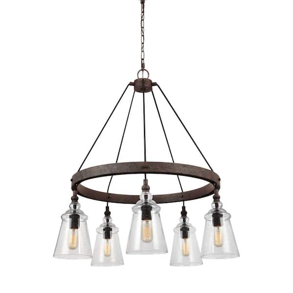 Generation Lighting Loras 5-Light Dark Weathered Iron Industrial Transitional Wagon Wheel Hanging Chandelier with Clear Seeded Glass Shades
