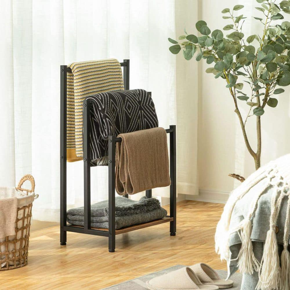 Matte Black Metal Freestanding Triple Towel Rack with Wooden Shelf
