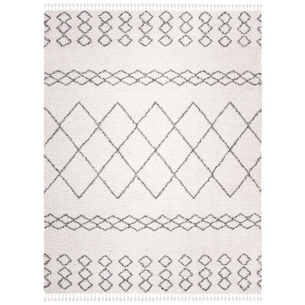 SAFAVIEH Moroccan Fringe Shag Ivory/Grey 8 ft. x 10 ft. Tribal Striped Diamonds Area Rug