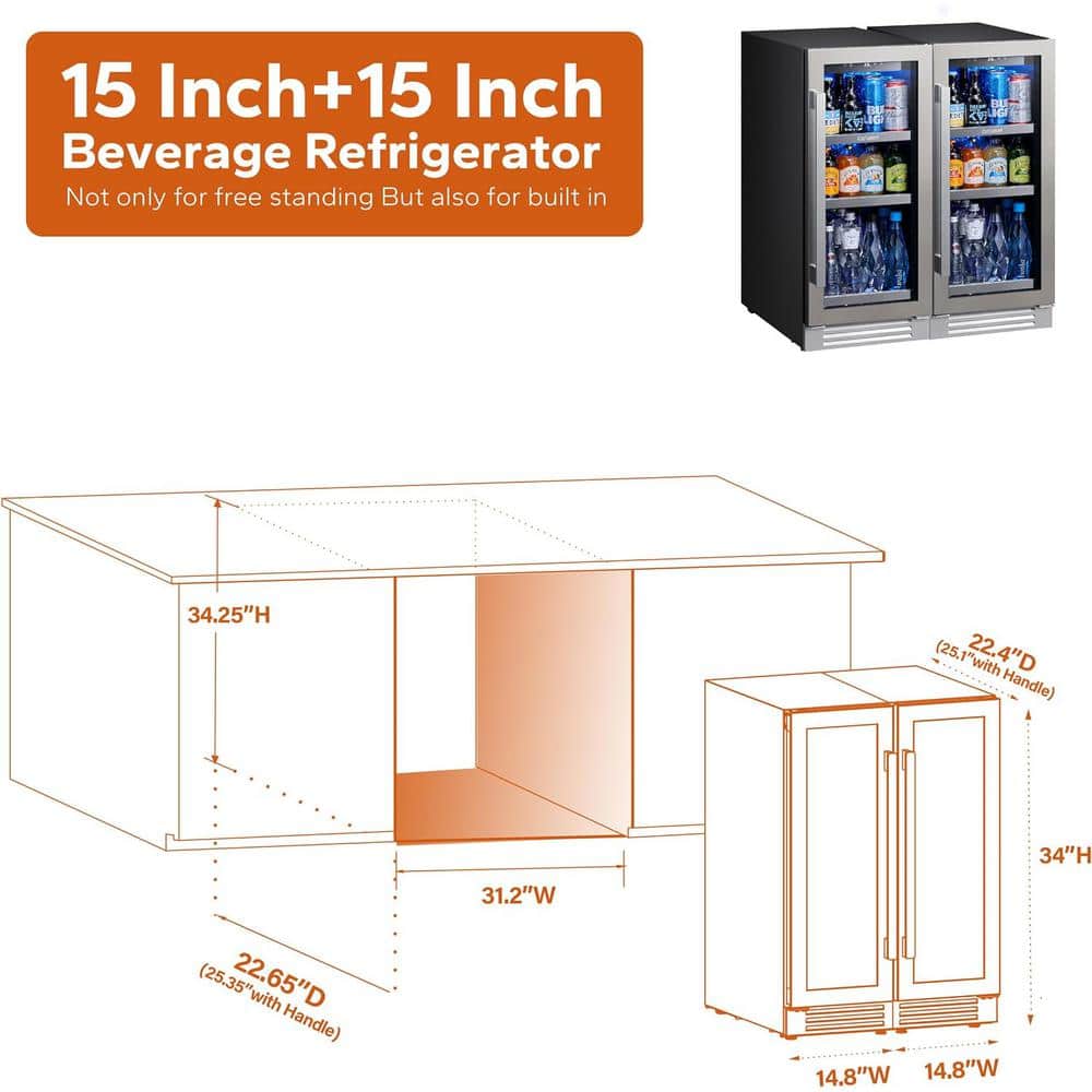 30 in. Dual Zone 200-Cans Beverage Cooler Built-In or Freestanding Fridge Side-by-Side Refrigerators Frost Free in Black