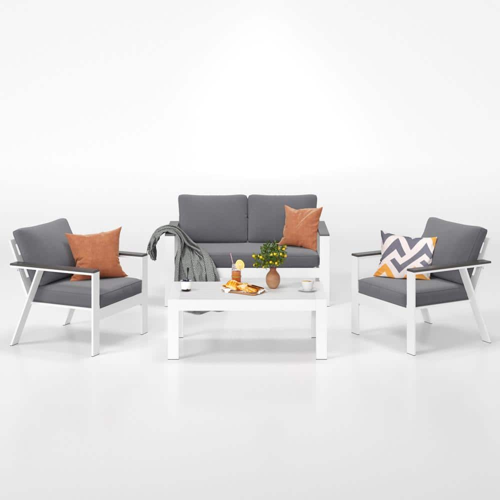 SUNVIVI White 4Piece Aluminum Frame Patio Conversation Set with Gray
