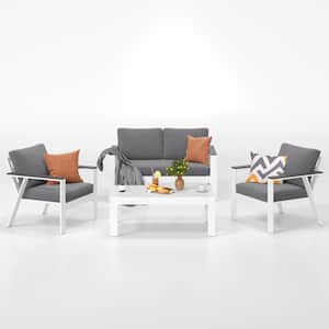 White 4-Piece Aluminum Frame Patio Conversation Set with Gray Thickened Cushions