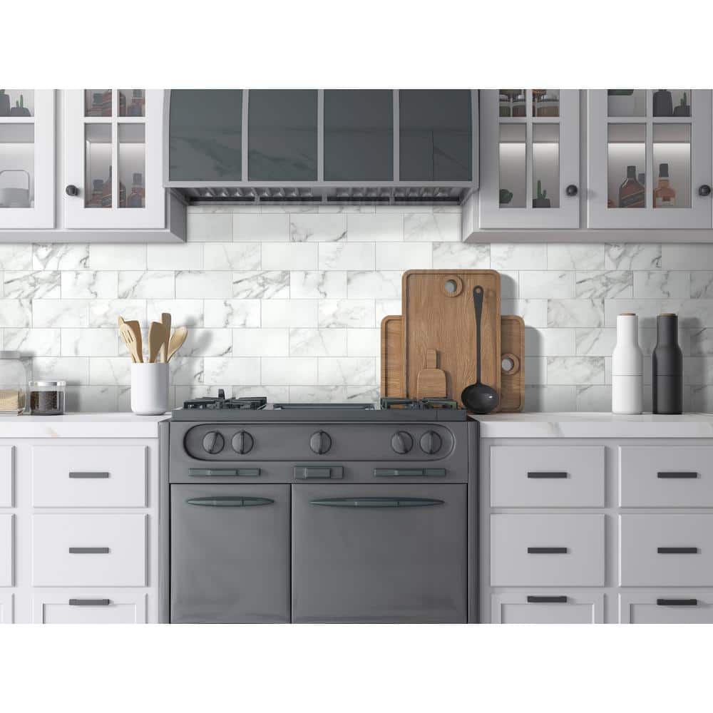 12'' x 12'' White Marble Peel and Stick Subway Tile