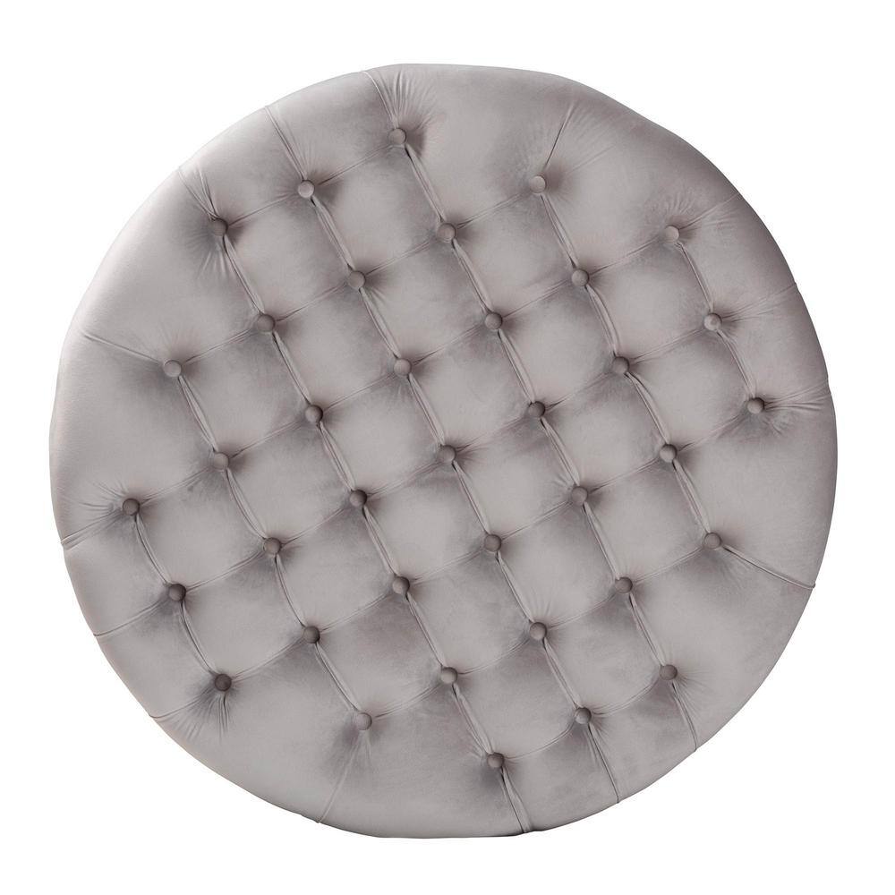 Light Gray Velvet Tufted Round Ottoman with Eucalyptus Frame