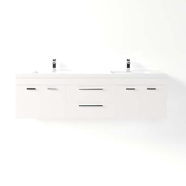 Lugano 72 in. Double Sink Floating White Bath Vanity with White Acrylic Top (Assembled)