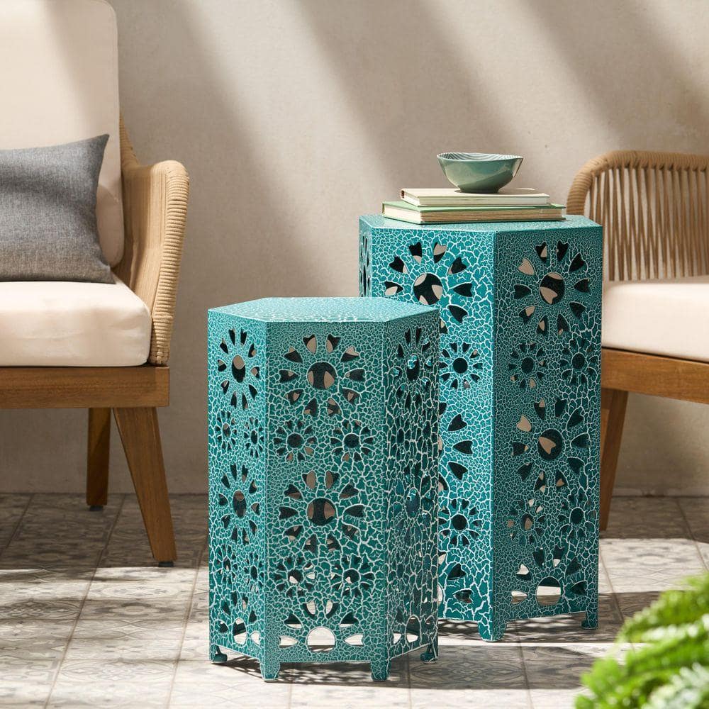 即日発送可能 hxo Design Green table Set tildsn 22 in. W Crackle Teal Hexagon Metal Side Table for Lawn, Deck