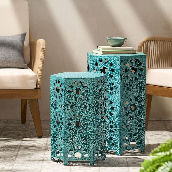 22 in. W Crackle Teal Hexagon Metal Side Table for Lawn, Deck