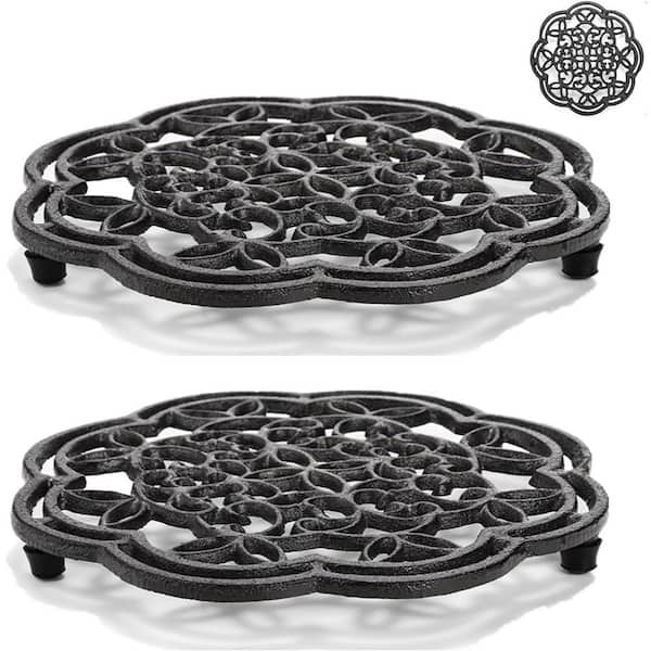 Black 2-Pack Round Cast Iron Trivet Rustproof Anti-Slip Edge Table Mat Decorative Pizza Accessory for Kitchen