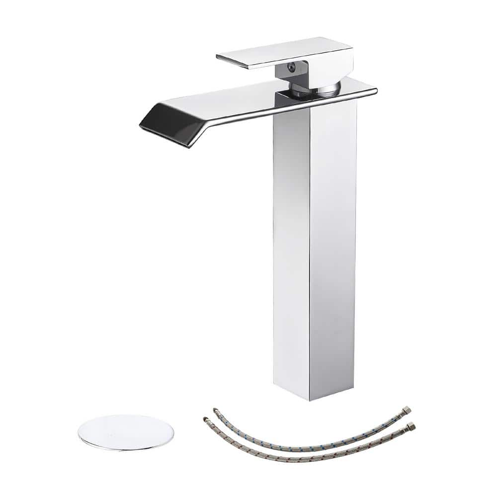 Polished Chrome Waterfall Vessel Sink Faucet with Pop-Up Drain