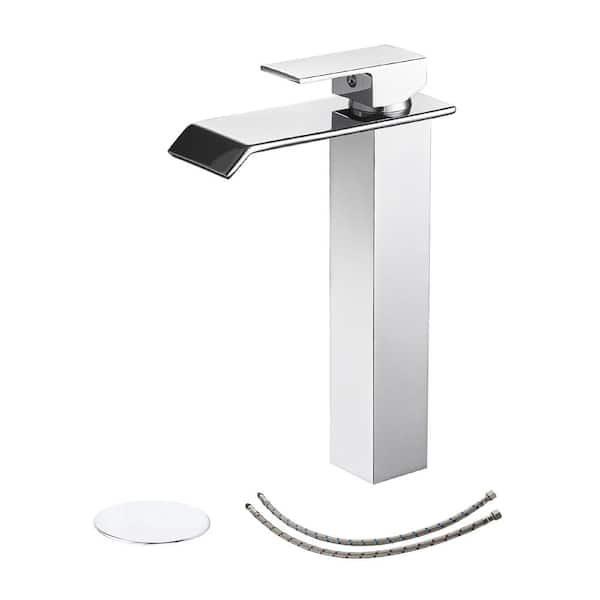 HOMEMYSTIQUE Single Handle Waterfall Vessel Sink Faucet with Drain Kit Included in Polished Chrome