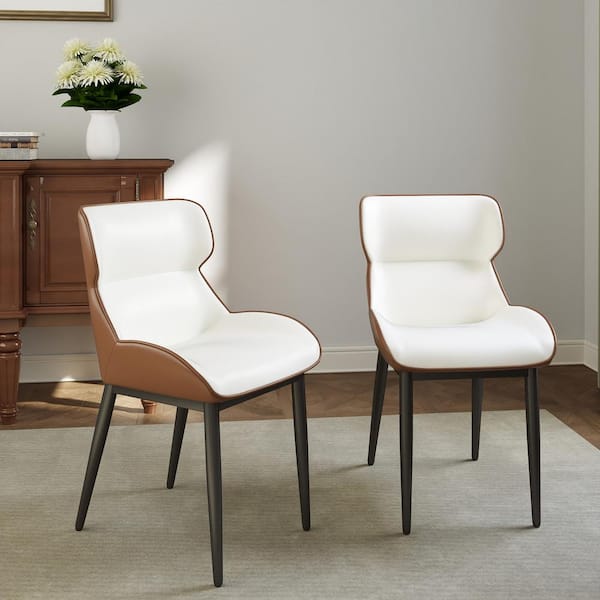 Magic Home Set of 2 PU Leather Dining Chair Morden Desk Chair with Black Iron Legs in Brown