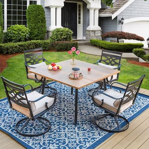 5-Piece Metal Patio Outdoor Dining Set with Square Brown Tabletop and Cast Iron Swivel Chair with Beige Cushions
