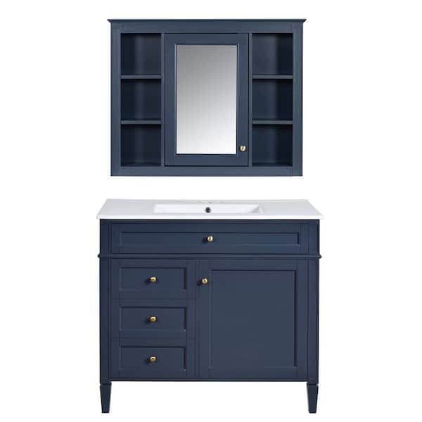 Unbranded 36 in. W x 18 in. D x 33 in. H Single Sink Freestanding Bath Vanity in Blue with White Ceramic Top and Mirror
