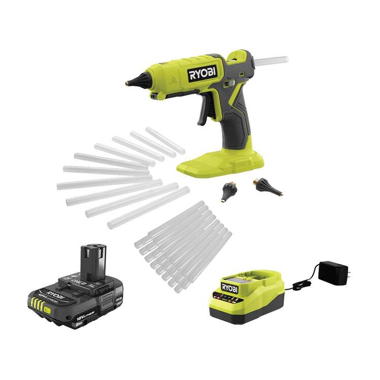 RYOBI ONE+ 18V Cordless Dual Temperature Glue Gun Kit w/ 2.0 Ah Battery, 18V Lithium-Ion Charger, and 24 Full Size Glue Sticks