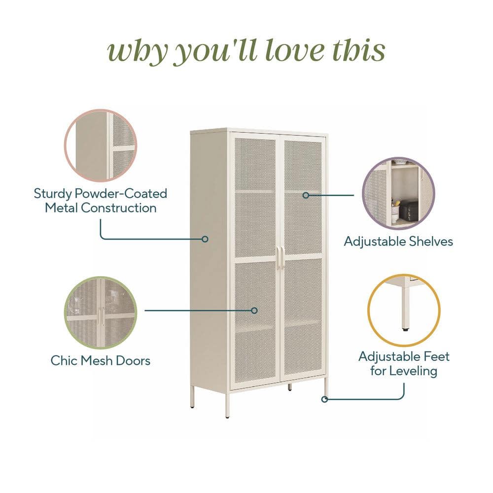 Tall Parchment Steel 2-Door Mesh Bathroom Storage Cabinet