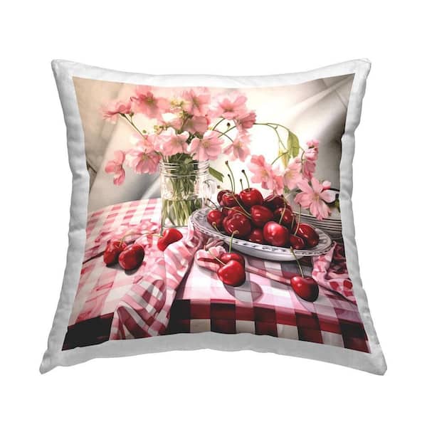 Stupell Industries Ripe Cherries and Florals Red Plaid Polyester 18 in. x 18 in. Throw Pillow
