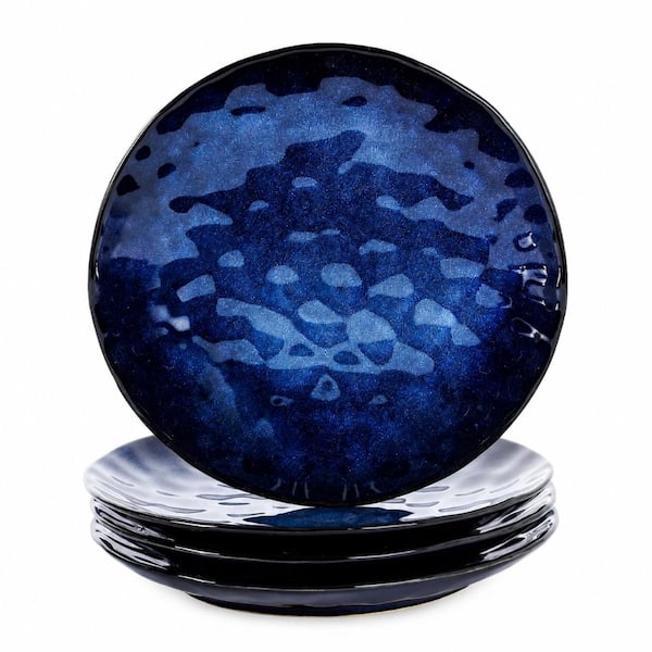 10.5 in Round Ceramic Dinner Plates with Fluted Rim Design, Set of 4, Blue Porcelain, Microwave and Dishwasher Safe