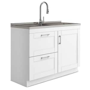 Modern Wide Shaker Transitional 46 in. wall mount Laundry sink with Cabinet Faucet and Stainless Steel Sink in White