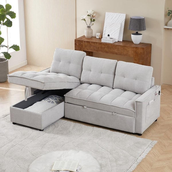 J&E Home 78.75 in. Gray Chenille Full Size 3-Seat L-Shaped Reclining Sofa Bed with Storage Chaise