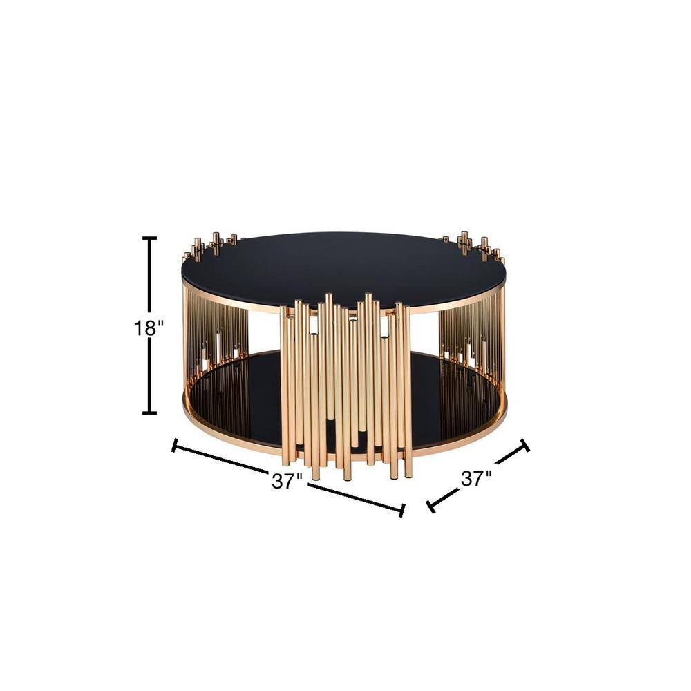 Tanquin Black Glass and Gold Round Coffee Table with Shelf