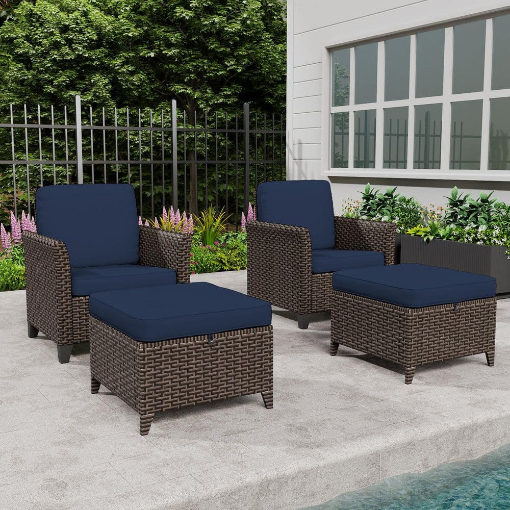 4-Pieces Wicker Outdoor Patio Conversation Set with 2-Lounge Chair and 2-Ottomans with Blue Cushions price history on PriceWatchPro