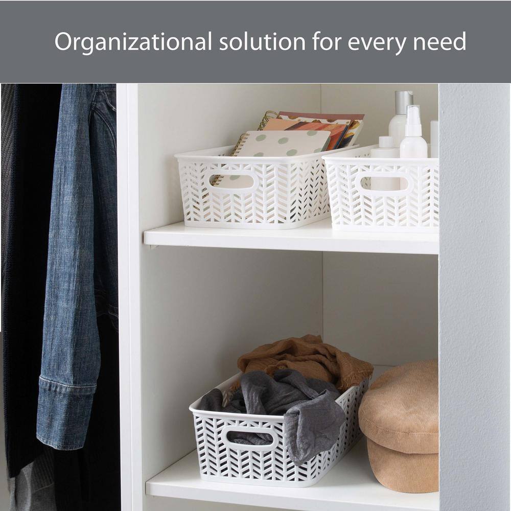 Small White Herringbone Plastic Storage Baskets with Handles, 3-Pack