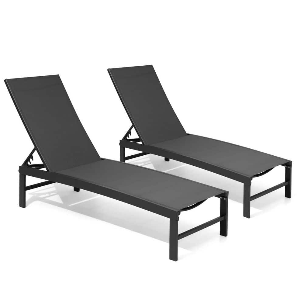 Black Adjustable Aluminum Outdoor Chaise Lounge Set with Wheels