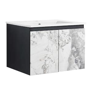 24 in. W x 18.3 in. D x 17.3 in. H Single Sink Wall Mounted Bath Vanity in White Marbling Pattern with White Ceramic Top