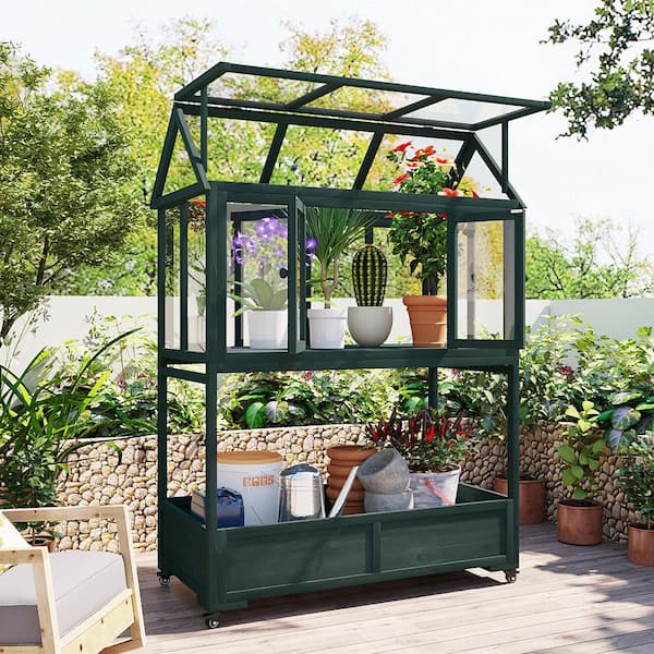 23.6 in. W x 47.2 in. D x 69.3 in. H Green Wood Portable Frame Movable Wheels Greenhouse Openable Roof and Storage Box