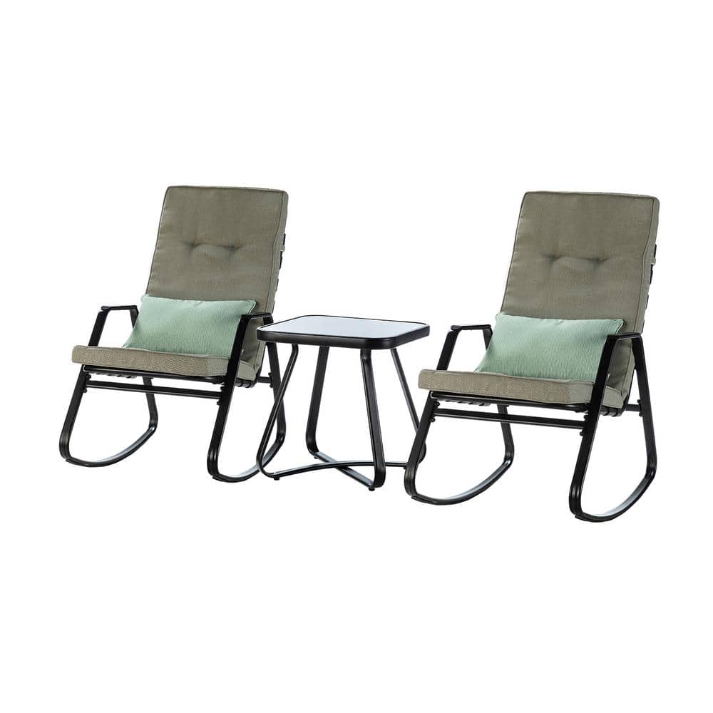 Metal Outdoor Rocking Chair with Grey Cushions (Set of 3)