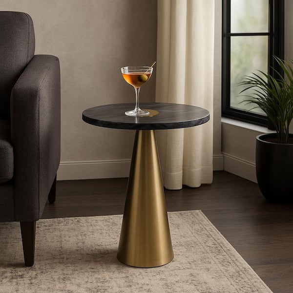 16 in. Black Round Marble Modern Cone Base Top End Table