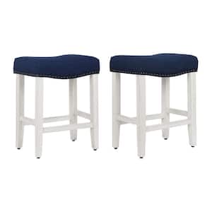 Jameson 24 in. Counter Height Antique White Wood Backless Barstool with Navy Blue Linen Saddle Seat (Set of 2)