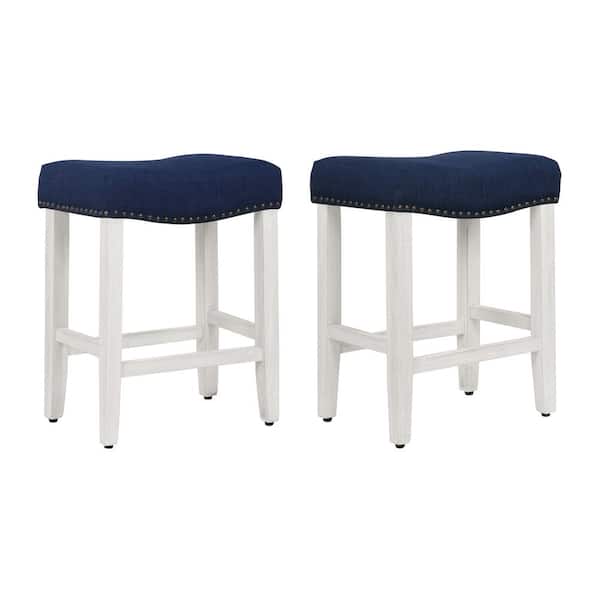WESTINFURNITURE Jameson 24 in. Counter Height Antique White Wood Backless Barstool with Navy Blue Linen Saddle Seat (Set of 2)