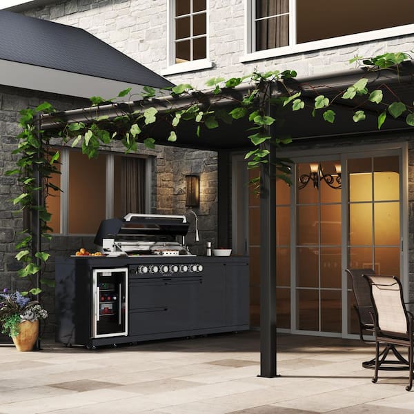96 in. W 6-Burner Propane Gas Grill Island in Black, with Wine Cooler, Compact Refrigerator, Rotisserie Kit