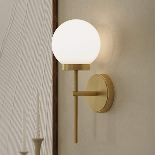 Rigsby 16 In. 1-Light Brushed Gold Transitional Wall Sconce with Opal Glass Shade