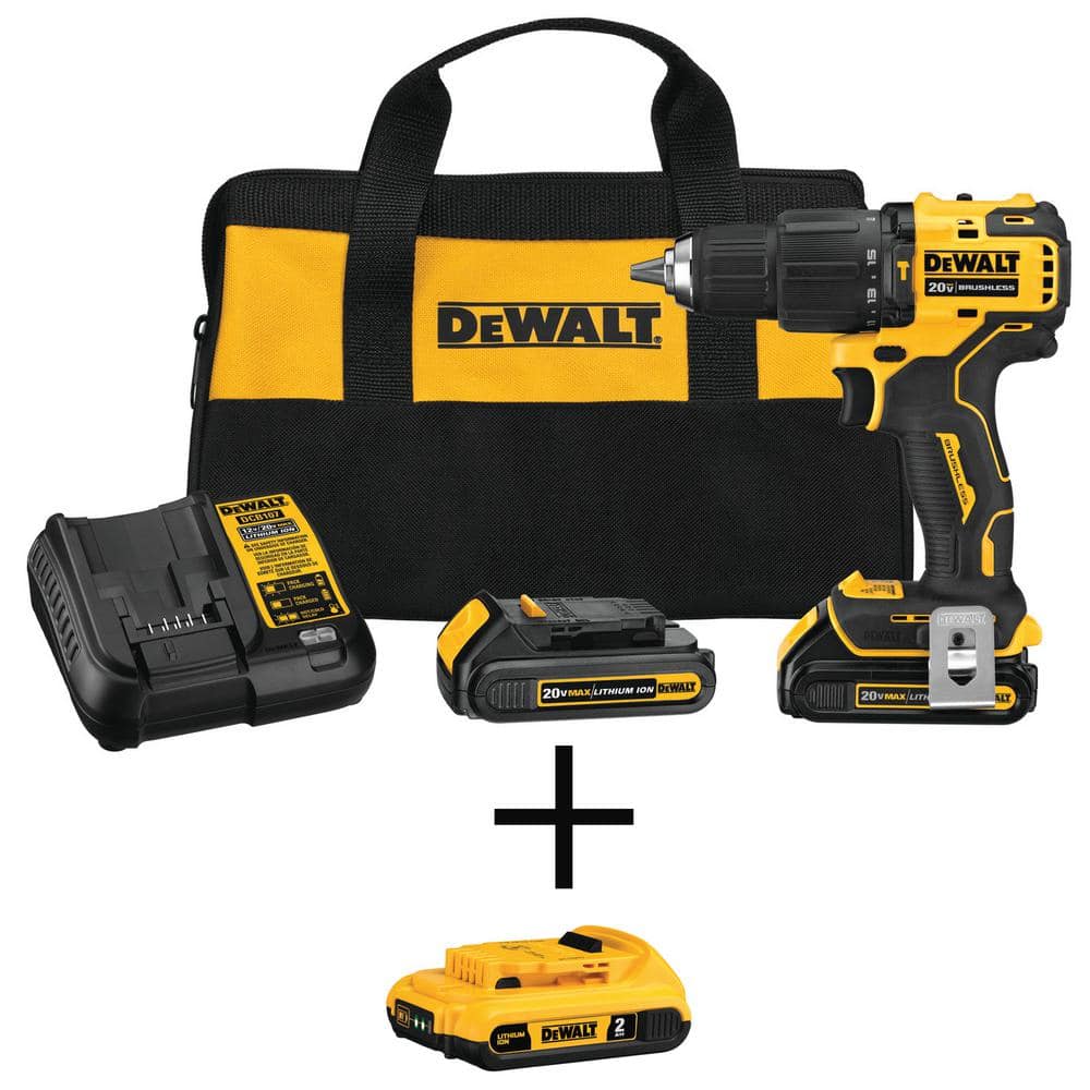 DEWALT ATOMIC 20V MAX Cordless Brushless Compact 1/2 in. Hammer Drill, (1)  20V 2.0Ah and (2) 20V 1.3Ah Batteries, and Charger DCD709C2WDCB203 The  Home Depot
