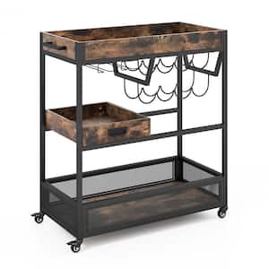 Rolling Rustic Brown Bar Kitchen Cart 3-Tier Industrial Buffet Serving Trolley Wine Rack and Tray