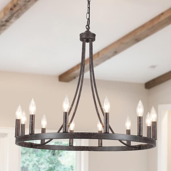 LWYTJO Loene 12-Light Antique Brown Farmhouse Candle Style Dimmable Wagon Wheel Chandelier for Living Room Kitchen Island